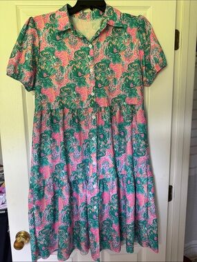 Casual Pink and Teal Floral Button-Front Dress